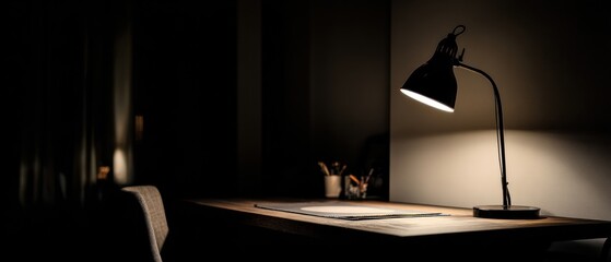 Desk lamp illuminating a work surface in a dimly lit room
