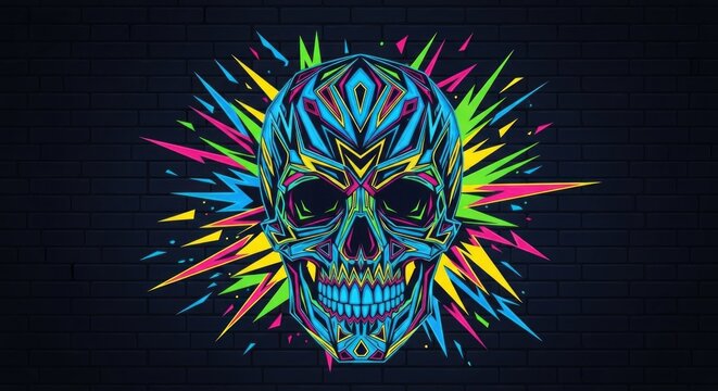 Geometric skull art on brick wall with vivid colors emanating outward in radial patterns