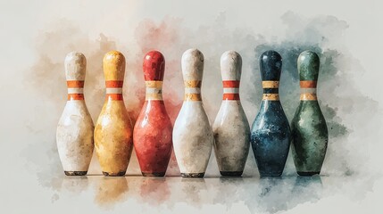 A vibrant watercolor illustration of seven bowling pins in various colors, lined up side by side, evoking a sense of fun and competition.