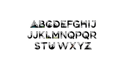 Obraz premium Alphabet letters with mountain scenery inside, silhouetted and stylized on a white background