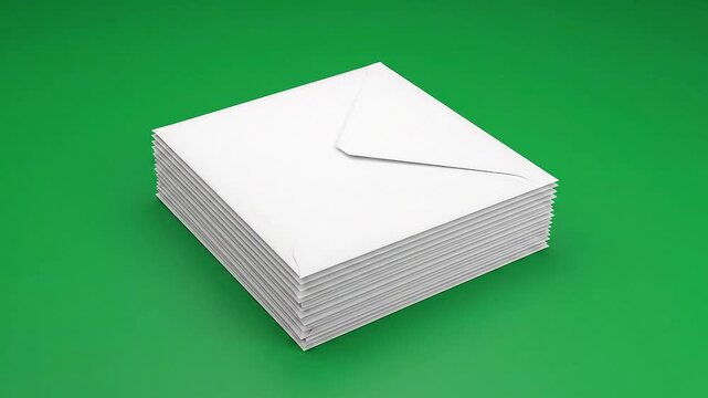 A stack of plain white envelopes sits on a vibrant green background
