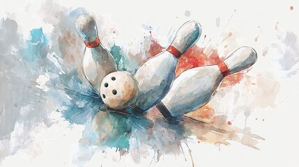 A colorful, artistic depiction of bowling pins being knocked down by a bowling ball, showcasing dynamic motion and splashes of color.