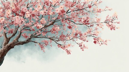 A beautiful cherry blossom tree in full bloom, featuring delicate pink flowers against a soft, pale background.