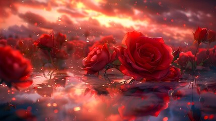 Beautiful surreal oil painting of red roses with pixelated dot textures, dreamy floating garden, high-quality 4K artwork for abstract backgrounds, banners, book covers, posters, and web design.