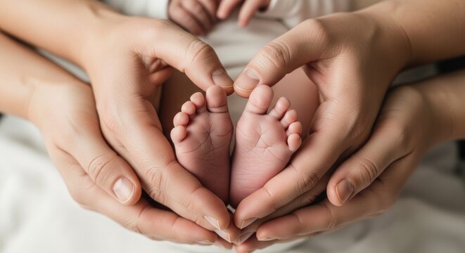 Tender hands form a heart around tiny newborn feet, symbolizing love, protection, and family bond