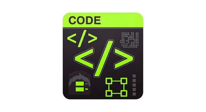 A black square icon with green code symbols and the word code at the top left corner ai generated