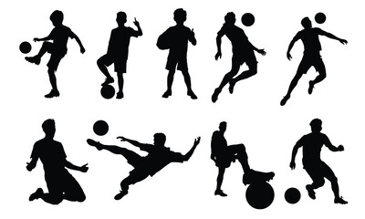 Soccer Player Silhouettes Collection Set of Football Action Poses on White Background