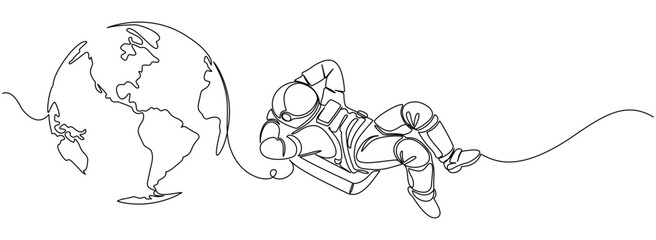 One continuous line drawing of space astronaut . single line illustration of spaceman. Vector eps
