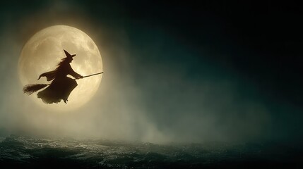 A Silhouette of a Witch Flying on a Broomstick in Front of the Full Moon