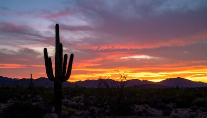 Silhouette saguaro cactus at sunset over desert mountains