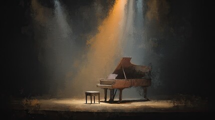 A beautifully lit grand piano on stage, surrounded by soft lights, creating an intimate atmosphere for a musical performance.