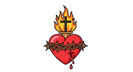 Sacred Heart Symbol: Depicting faith and devotion, the image showcases the symbolic representation of the Sacred Heart, featuring a heart entwined with a crown of thorns, a cross, and flames.