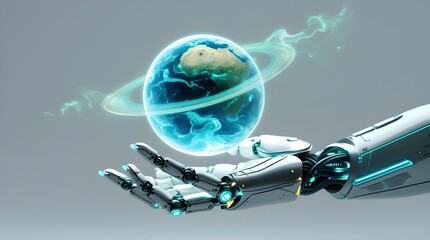 Cybernetic Robot Hand Holding Globe with Advanced Technology and Futuristic Design