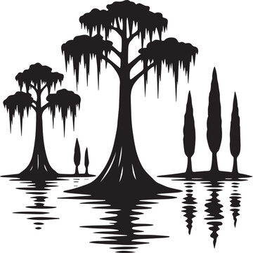 Silhouette of cypress trees in a swamp with spanish moss and reflections