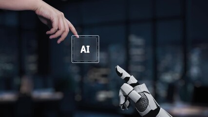 A robotic hand interacts with a high-tech touchscreen displaying AI features, emphasizing the fusion of technology and business in a modern workspace environment. Synapse - Powered by Adobe