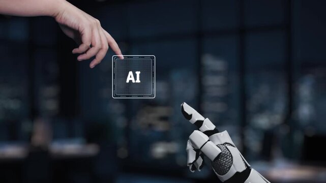 A robotic hand interacts with a high-tech touchscreen displaying AI features, emphasizing the fusion of technology and business in a modern workspace environment. Synapse - Powered by Adobe