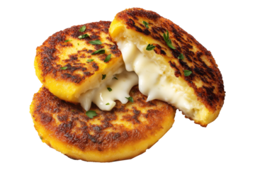 Ecuador Lapingachos fried potato patties stuffed with cheese and sprinkled herbs, isolated on white transparent background