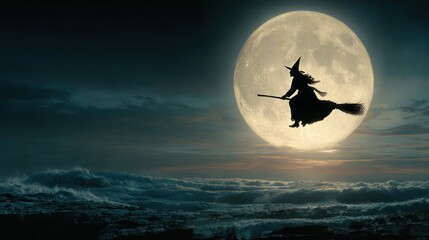 A Witch Silhouette Flying on a Broomstick in Front of a Full Moon at Night