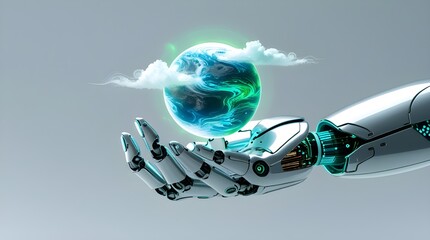 Robotic Hand Holding Earth with Futuristic Technology and Sci-Fi Digital Illustration
