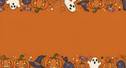 October's spooky season brings a fun, orange Halloween pumpkin background with a scary or cartoon face illustration for a fall party banner decorationOctober's spooky season brings a fun, orange 