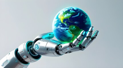 AI Robot Hand Cradling Planet Earth, High Resolution 3D Render, Futuristic Technology Concept