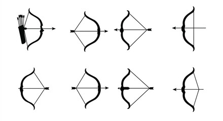 Black and white illustration depicting multiple archery bows and arrows