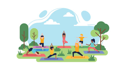 Adobe illustrator artwork vector illustration: Diverse children practicing yoga poses in a park, promoting healthy lifestyle, mindfulness, and physical activity for kids