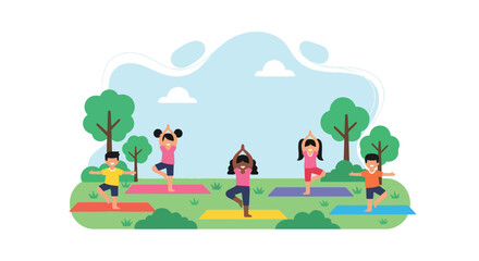 Adobe illustrator artwork vector illustration: Diverse children practicing yoga poses in a park, promoting healthy lifestyle, mindfulness, and physical activity for kids