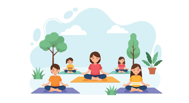 Adobe illustrator artwork vector illustration: Diverse children practicing yoga poses in a park, promoting healthy lifestyle, mindfulness, and physical activity for kids