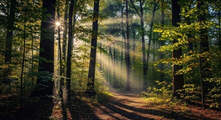 Fototapeta premium Sunbeams pierce a misty forest path, illuminating trees and dappled shadows