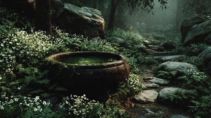 Mystical Forest Scene Depicting a Stone Basin of Water and Lush Vegetation
