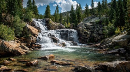 Waterfall cascading into a clear mountain stream