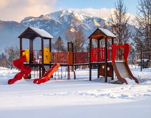 Naklejka premium Colorful playground covered in snow, with mountains in the background