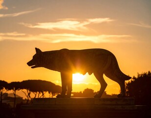 Silhouetted wolf statue at sunset