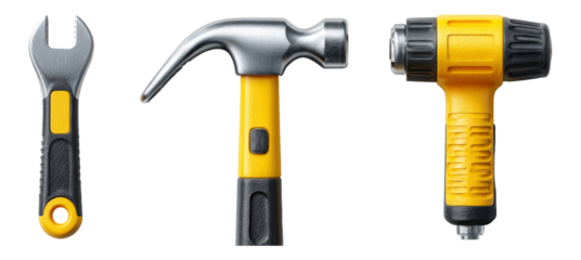 Hand Tools Set with Wrench, Hammer, and Drill on Isolated Background