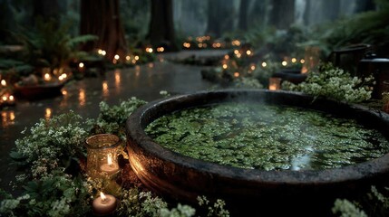 Mystical forest scene featuring a candlelit pond and natural elements in an enchanting setting