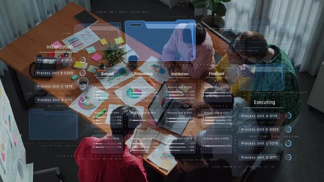 A modern office scene showcasing a team engaged in a data processing workflow, with digital overlays highlighting project management steps, collaboration, and innovation. Raster - Powered by Adobe