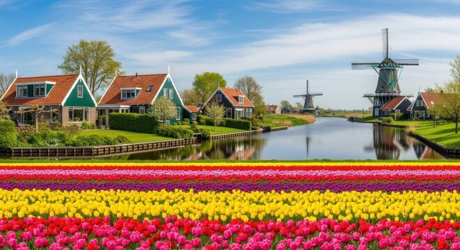 Dutch landscape colorful tulips bloom near houses and windmills under a blue sky