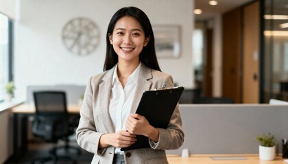 Portrait of smiling professional businesswoman in business casual outfit standing at corporate office with clipboard in her hands and looking at camera. Confident successful employee posing at office.