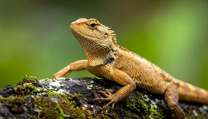 A detailed shot of a golden lizard on a mossy branch
