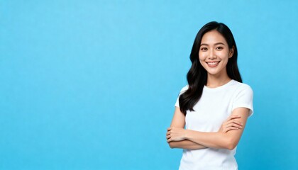 Smiling asian woman posing with crossed arms looking at camera on blue background, copy space. Advertisement concept