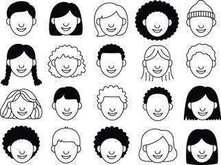 Diverse collection of hand drawn doodle faces representing various people