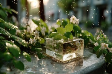Refreshing ice cube with mint and flowers, symbolizing nature and freshness