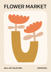 Neutral colors floral vector illustration. Minimalist poster design with flowers in boho vase. Flower market