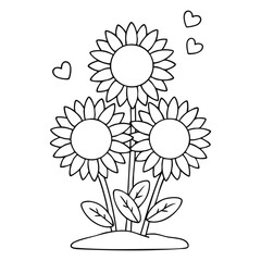 Three Sunflowers with Floating Hearts Outline Vector Illustration on White Background