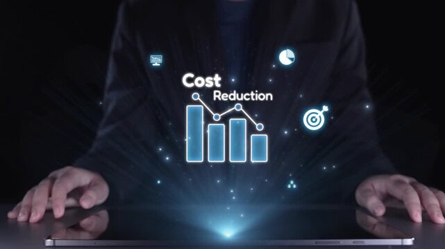 This image illustrates the concept of cost reduction in finance using innovative technology, featuring graphs, icons, and digital elements for business growth and strategy. Qubit