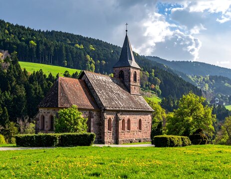 Classic stone church in a scenic, rolling landscape setting