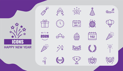 Set of Celebration Line Icons Party, Birthday, Event, and New Year Festive Vector Collection