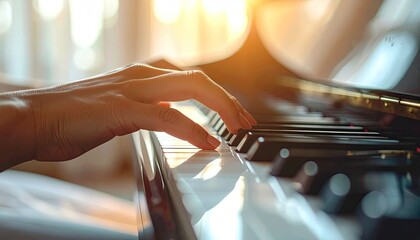 Close Up of a Hand Playing Piano with Warm Sunlight Streaming Through the Window Music Instrument Keyboard Keys Black and White Melodic
