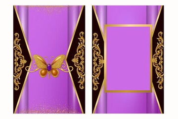 Elegant purple and gold butterfly invitation with jeweled centerpiece, glitter details, and ornate swirls. Perfect for birthdays, quinceañeras, weddings, and glamorous luxury celebrations.